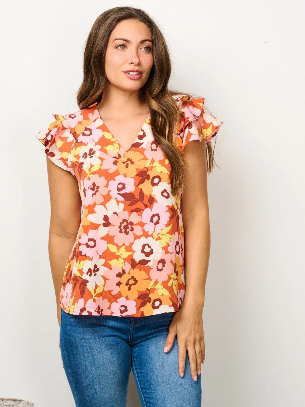 WOMEN'S SHORT RUFFLE SLEEVE V-NECK FLORAL BLOUSE TOP