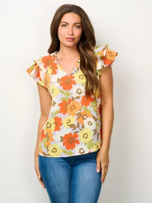 WOMEN'S SHORT RUFFLE SLEEVE V-NECK FLORAL BLOUSE TOP