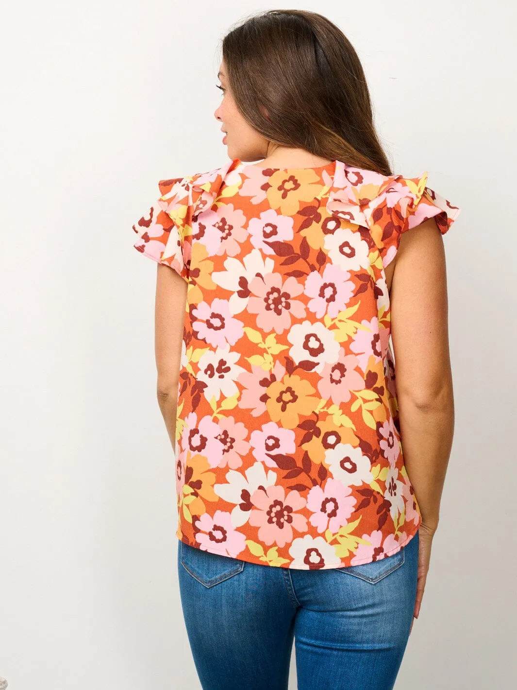 WOMEN'S SHORT RUFFLE SLEEVE V-NECK FLORAL BLOUSE TOP