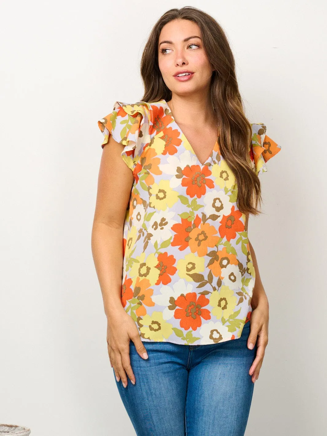 WOMEN'S SHORT RUFFLE SLEEVE V-NECK FLORAL BLOUSE TOP