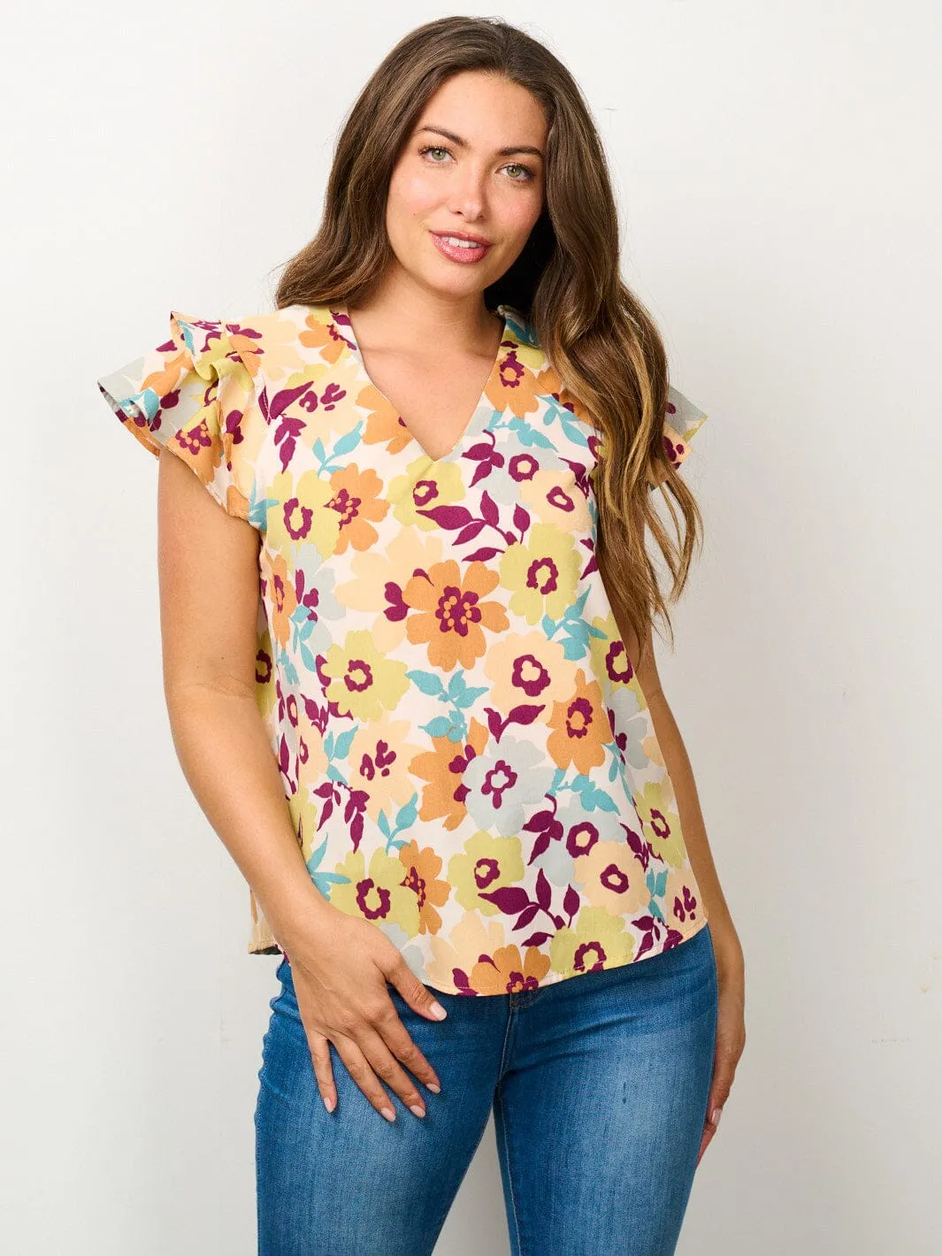 WOMEN'S SHORT RUFFLE SLEEVE V-NECK FLORAL BLOUSE TOP