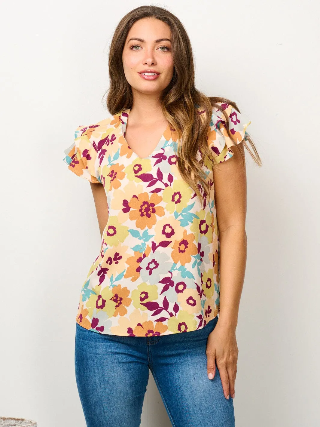 WOMEN'S SHORT RUFFLE SLEEVE V-NECK FLORAL BLOUSE TOP