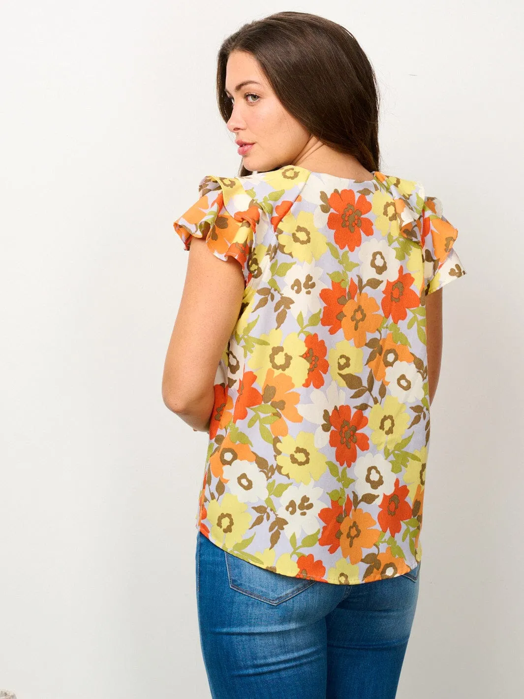 WOMEN'S SHORT RUFFLE SLEEVE V-NECK FLORAL BLOUSE TOP