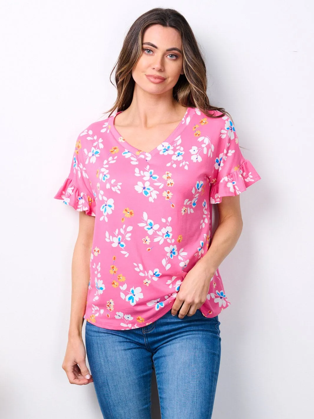 WOMEN'S SHORT RUFFLE SLEEVE V-NECK FLORAL TOP