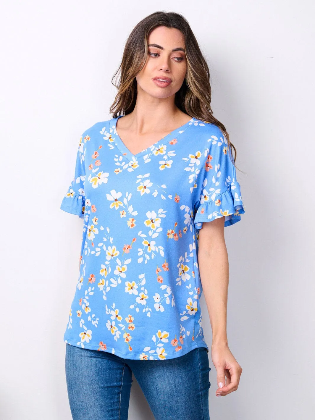 WOMEN'S SHORT RUFFLE SLEEVE V-NECK FLORAL TOP