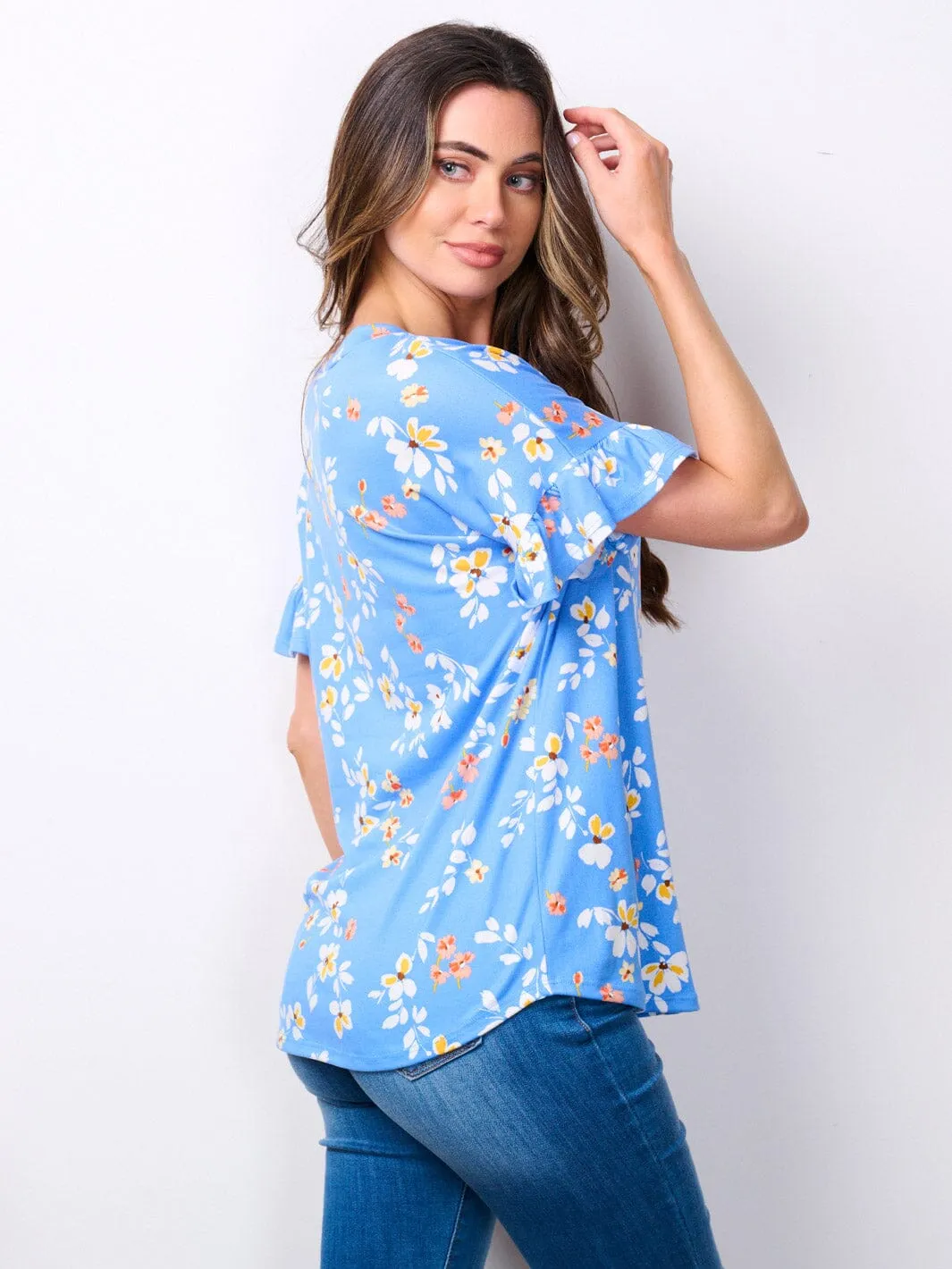 WOMEN'S SHORT RUFFLE SLEEVE V-NECK FLORAL TOP