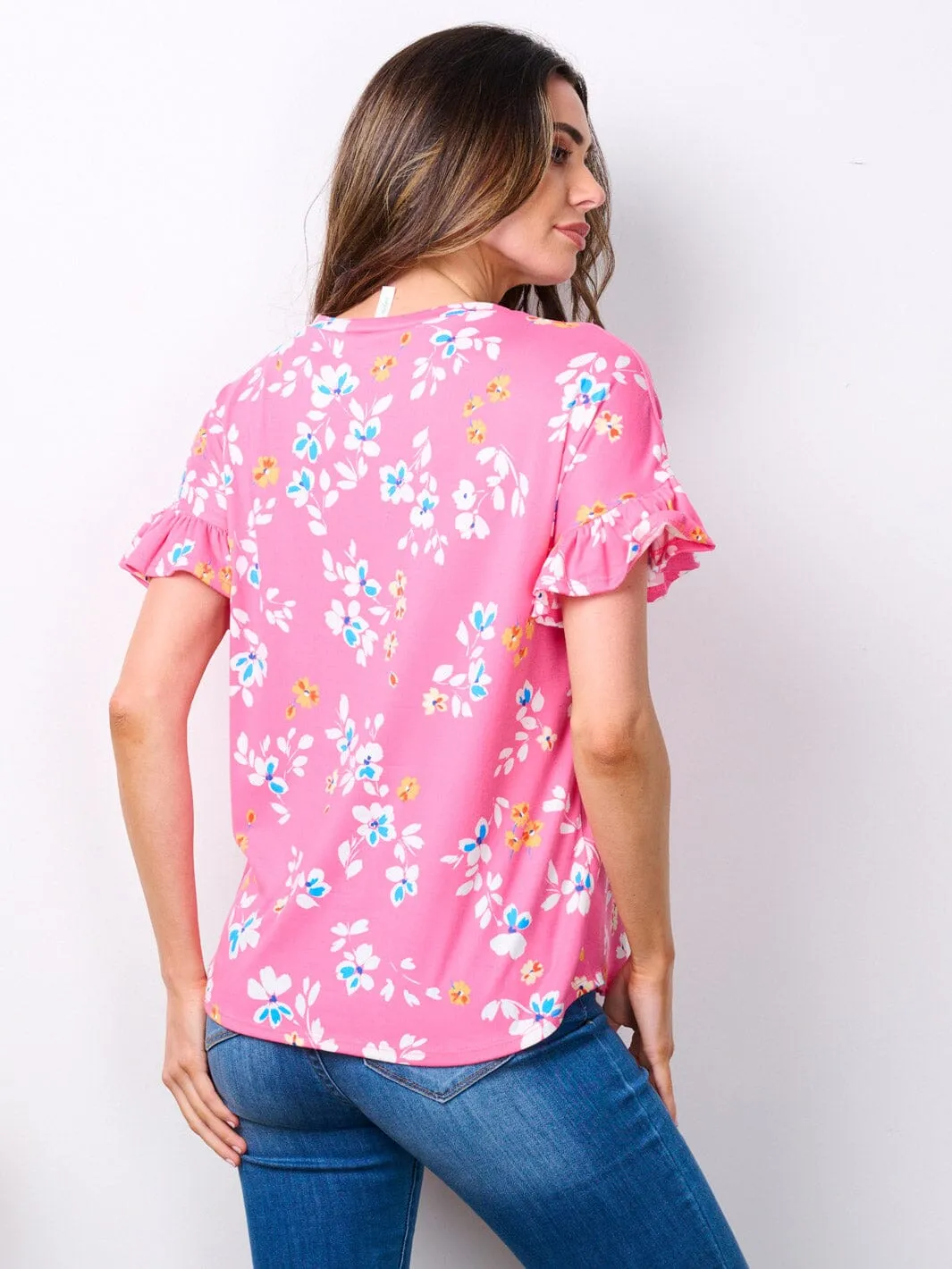 WOMEN'S SHORT RUFFLE SLEEVE V-NECK FLORAL TOP