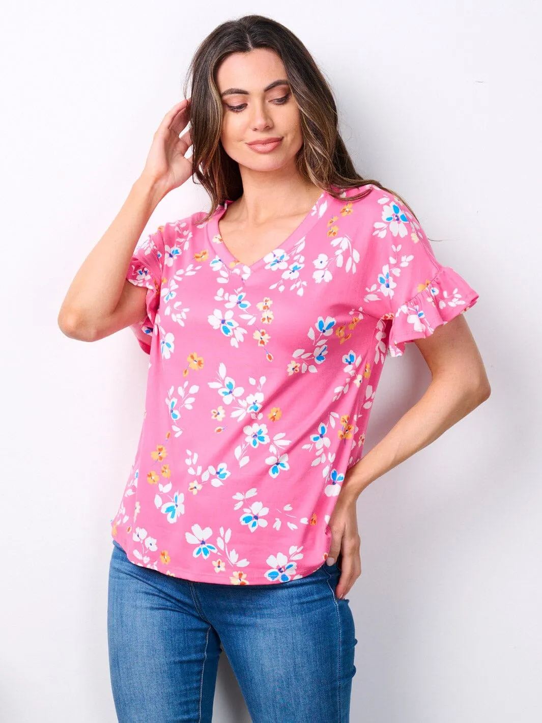 WOMEN'S SHORT RUFFLE SLEEVE V-NECK FLORAL TOP