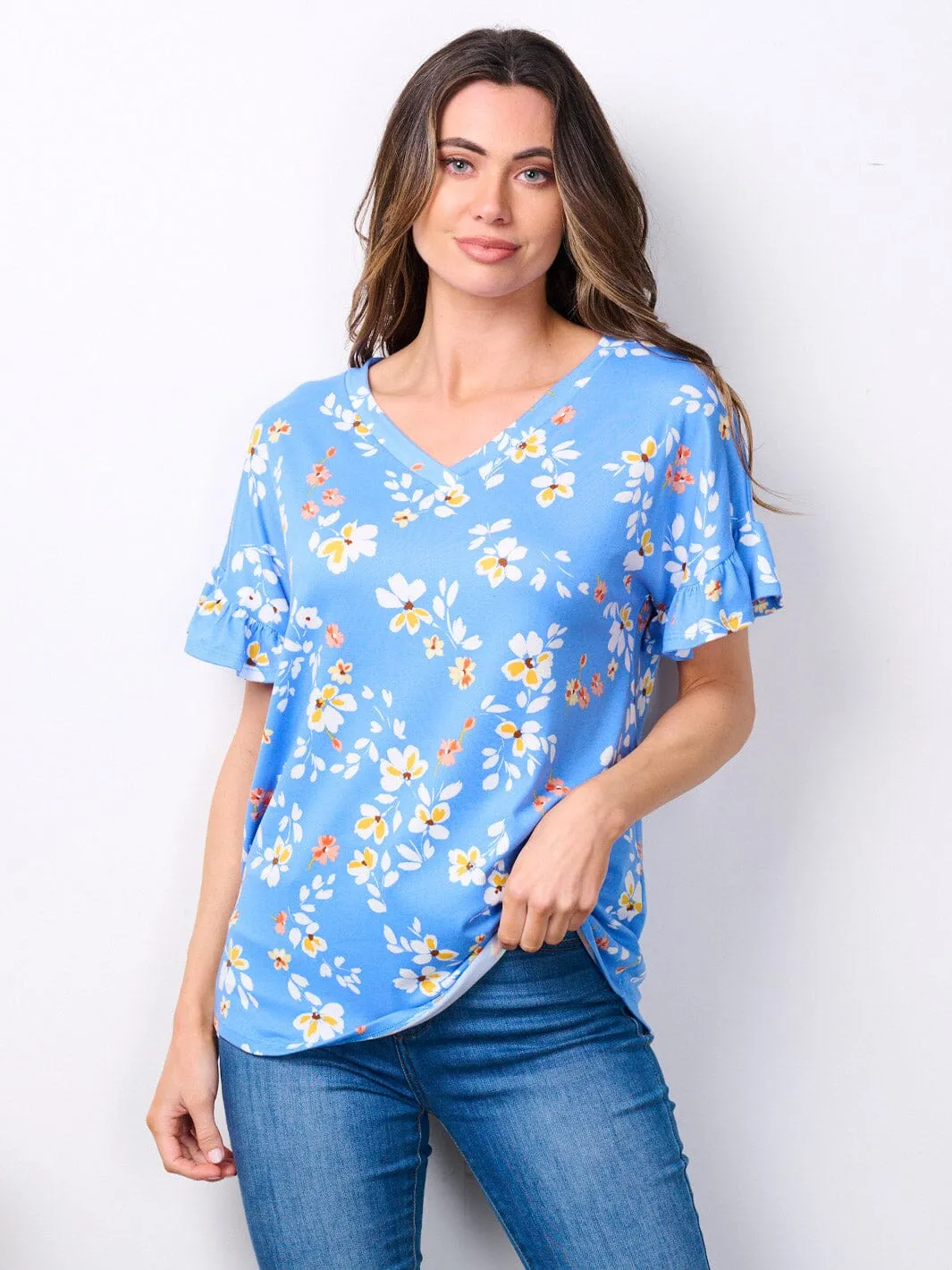 WOMEN'S SHORT RUFFLE SLEEVE V-NECK FLORAL TOP
