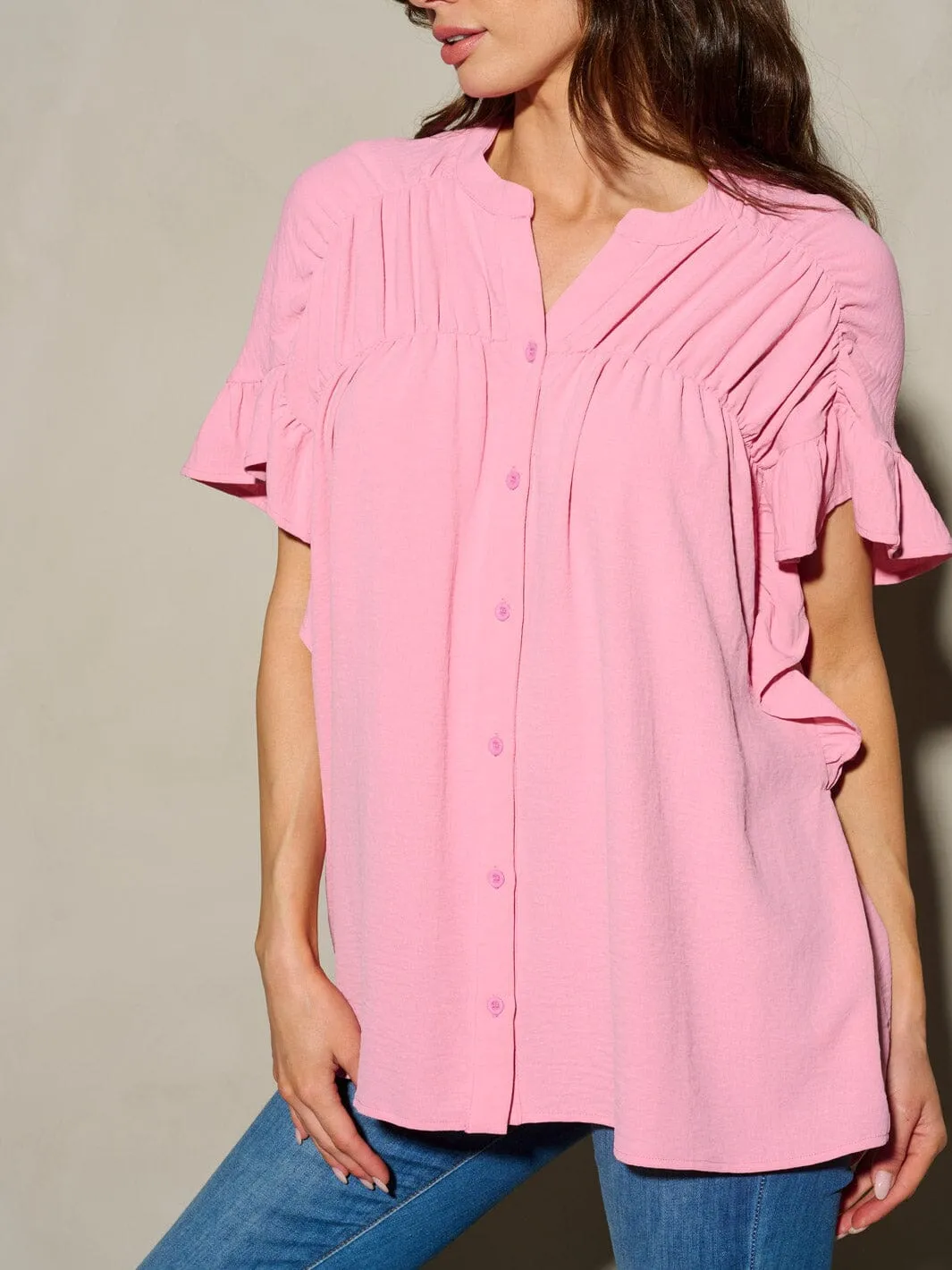 WOMEN'S SHORT SLEEVE BUTTON UP RUFFLE BLOUSE TOP
