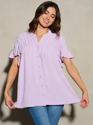 WOMEN'S SHORT SLEEVE BUTTON UP RUFFLE BLOUSE TOP