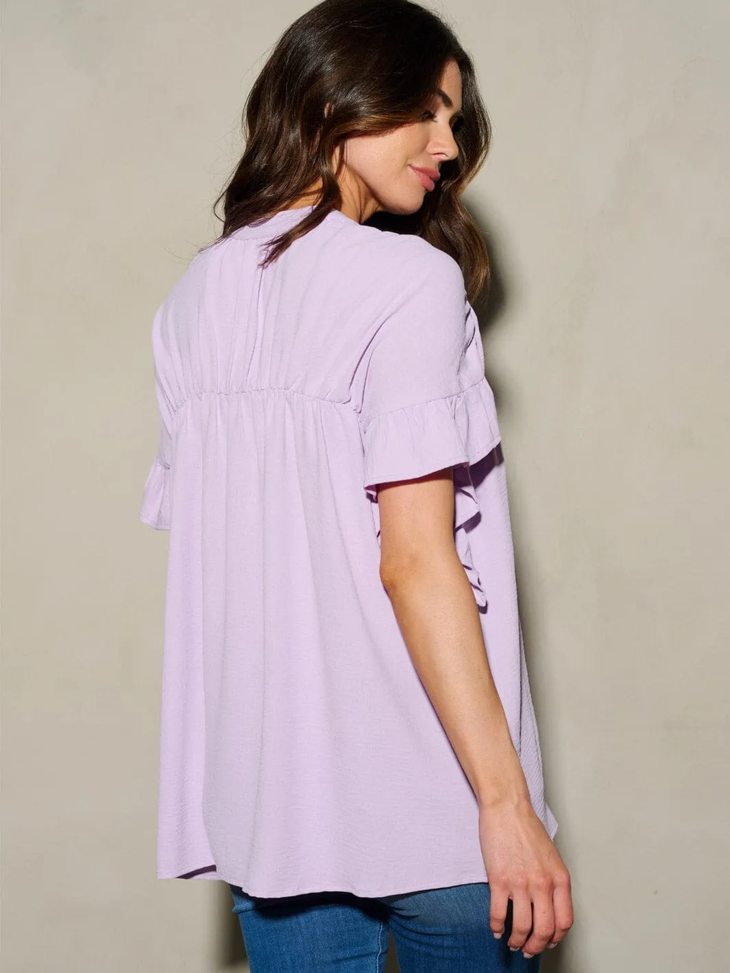 WOMEN'S SHORT SLEEVE BUTTON UP RUFFLE BLOUSE TOP