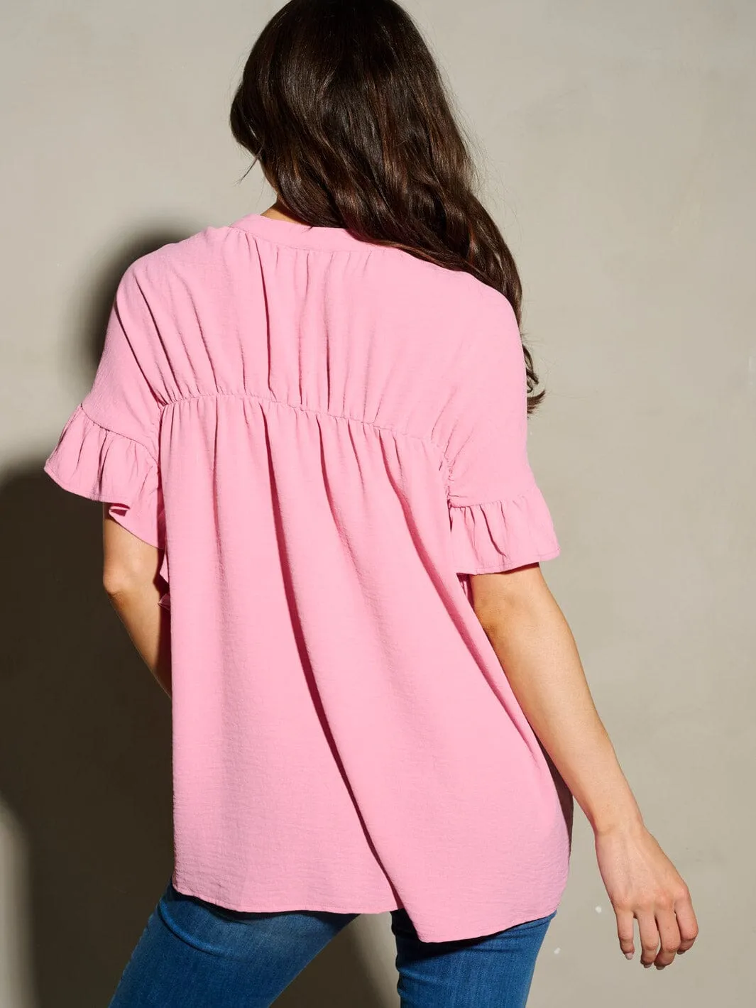 WOMEN'S SHORT SLEEVE BUTTON UP RUFFLE BLOUSE TOP