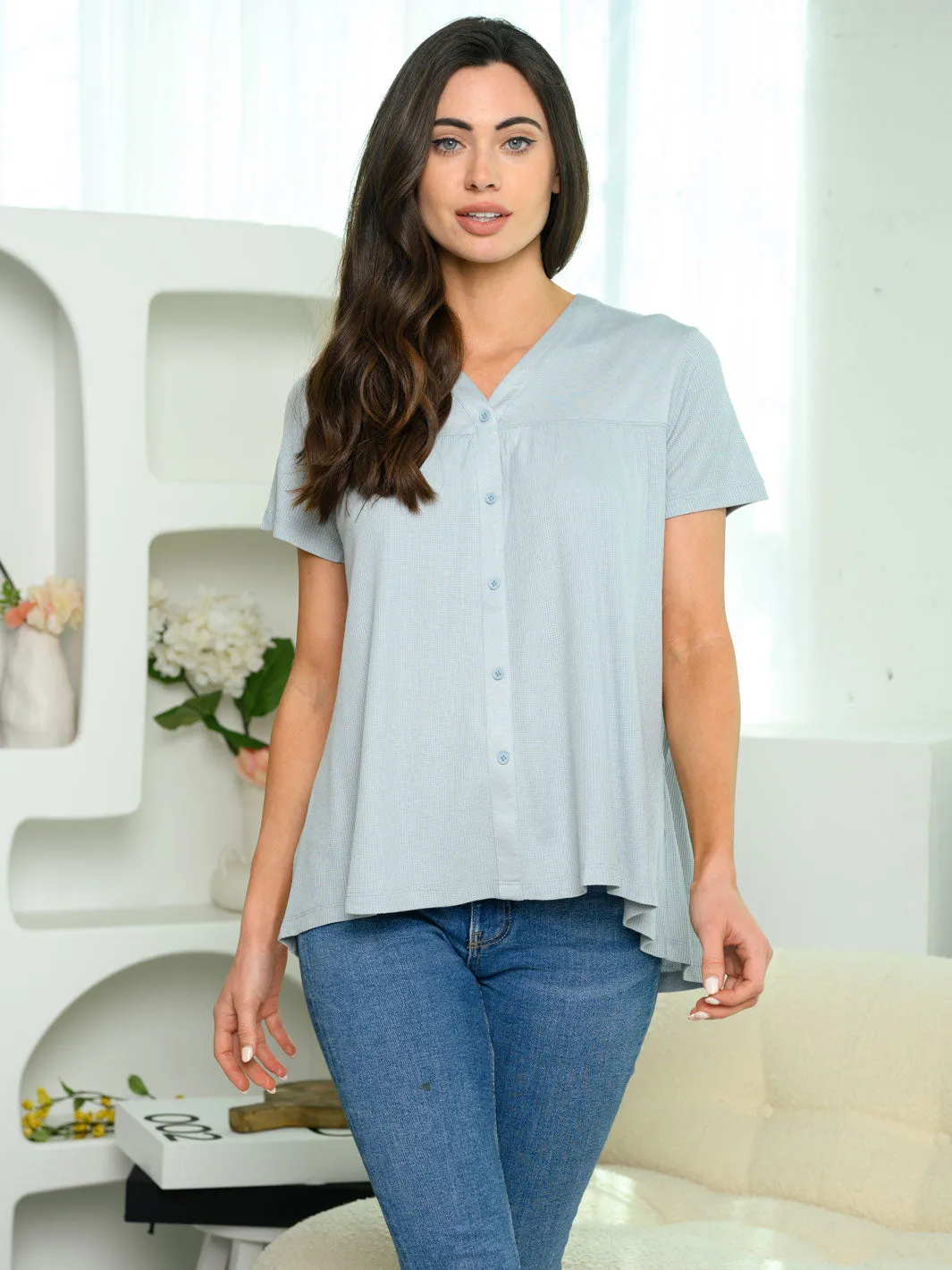 WOMEN'S SHORT SLEEVE BUTTON UP TUNIC TOP