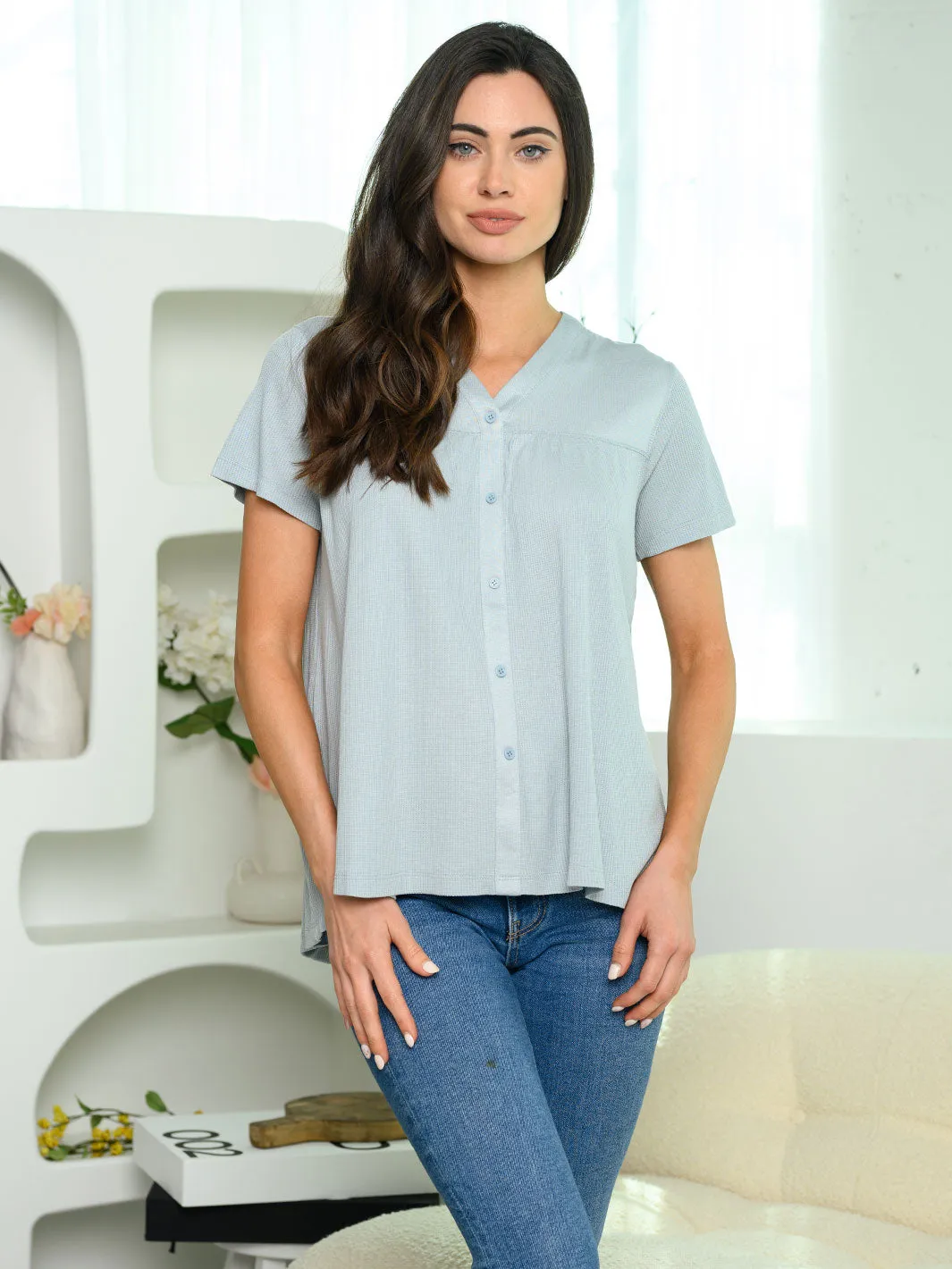 WOMEN'S SHORT SLEEVE BUTTON UP TUNIC TOP