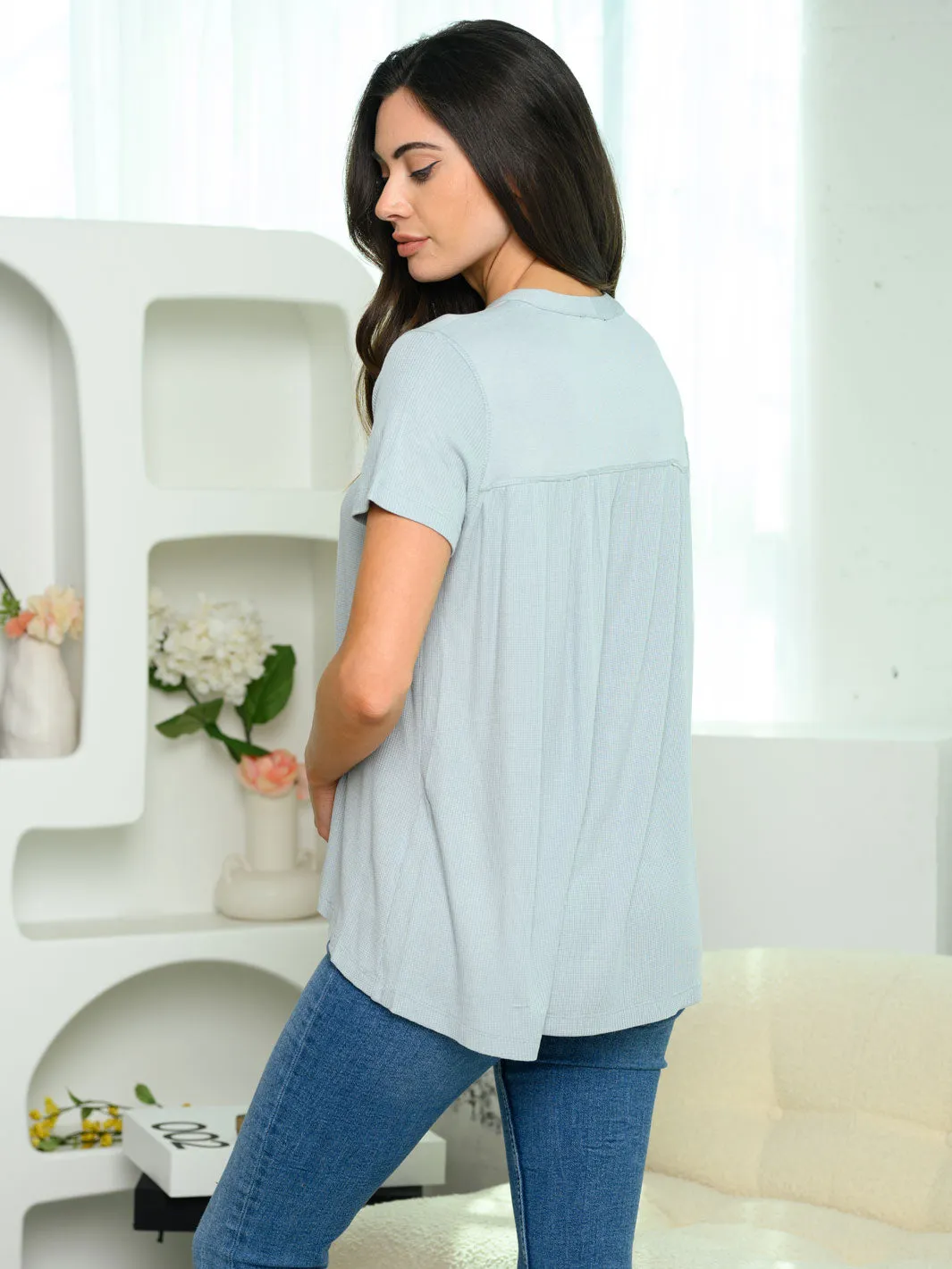 WOMEN'S SHORT SLEEVE BUTTON UP TUNIC TOP