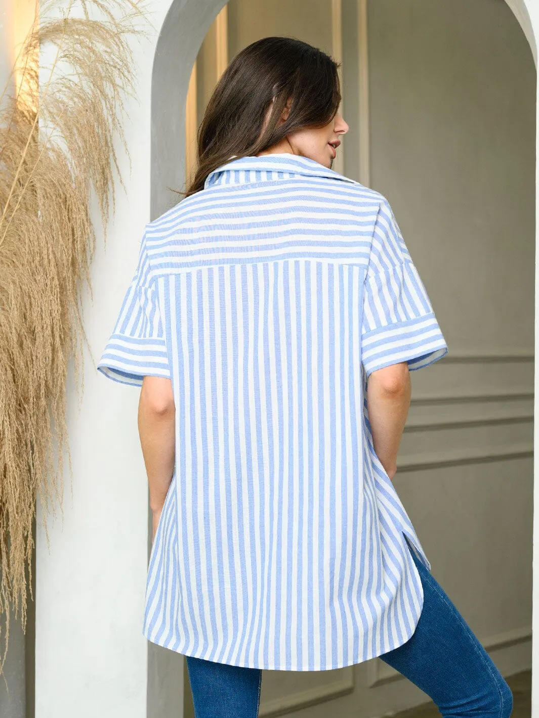 WOMEN'S SHORT SLEEVE PIN STRIPE OVERSIZED TOP
