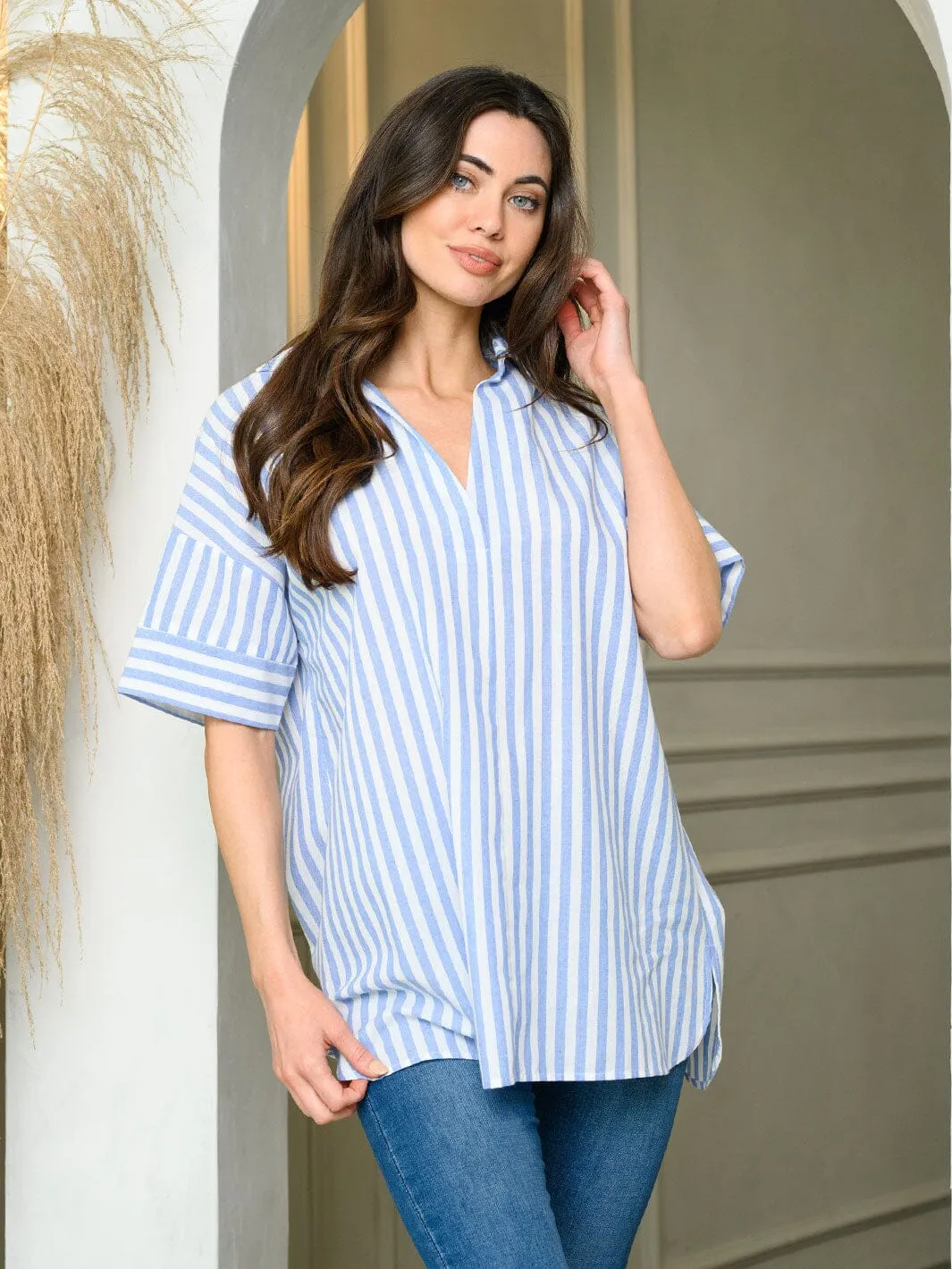 WOMEN'S SHORT SLEEVE PIN STRIPE OVERSIZED TOP