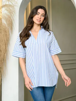 WOMEN'S SHORT SLEEVE PIN STRIPE OVERSIZED TOP