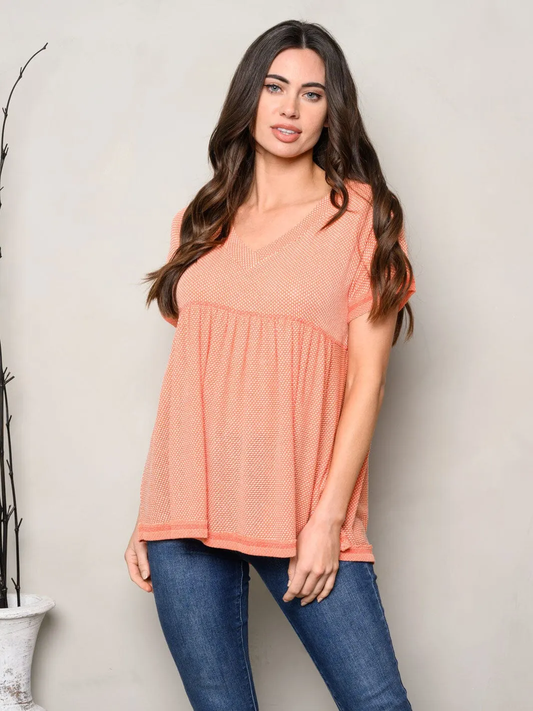 WOMEN'S SHORT SLEEVE V-NECK BABYDOLL TOP