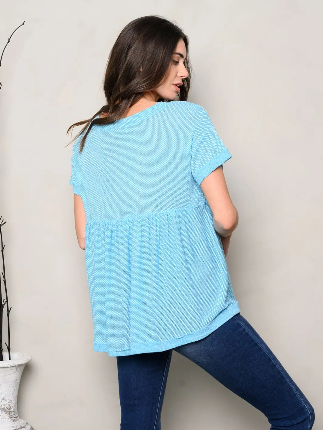 WOMEN'S SHORT SLEEVE V-NECK BABYDOLL TOP