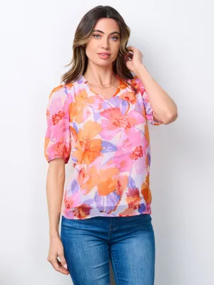 WOMEN'S SHORT SLEEVE V-NECK FLORAL BLOUSE