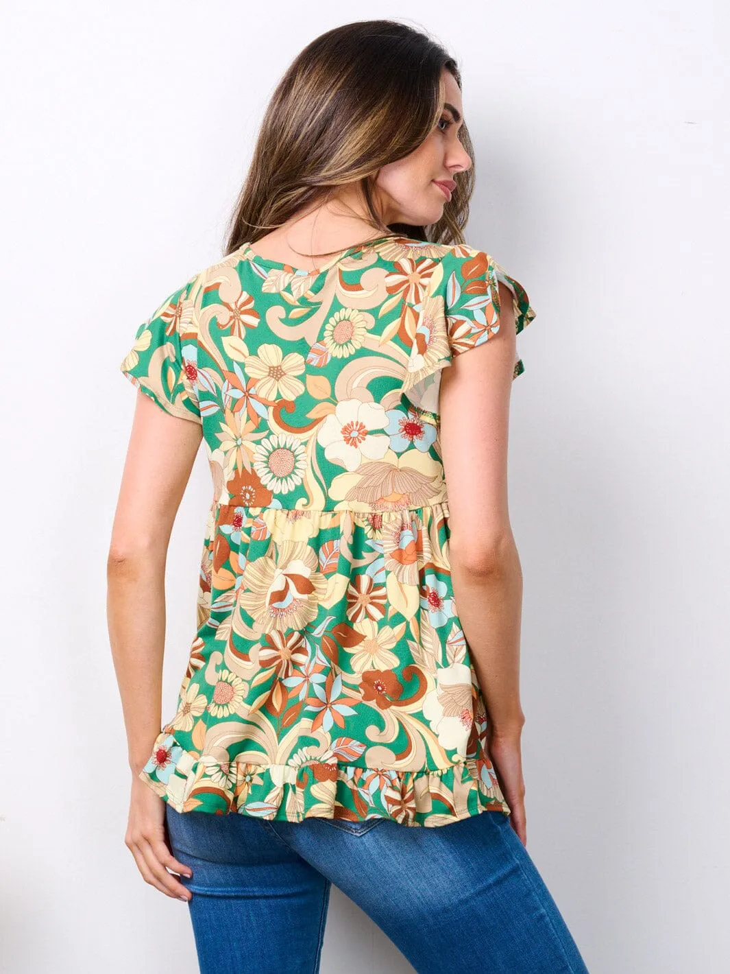 WOMEN'S SHORT SLEEVE V-NECK FLORAL PRINT TOP