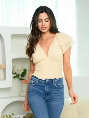 WOMEN'S SHORT SLEEVE V-NECK RUFFLE SMOCK TOP