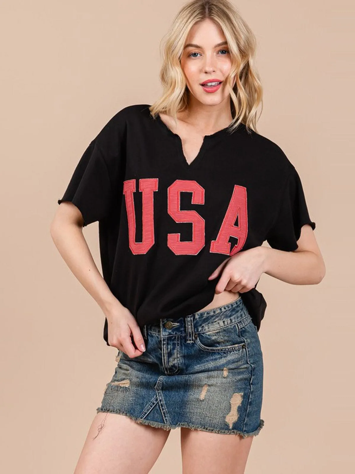 WOMEN'S SHORT SLEEVE V-NECK USA COLORBLOCK TOP