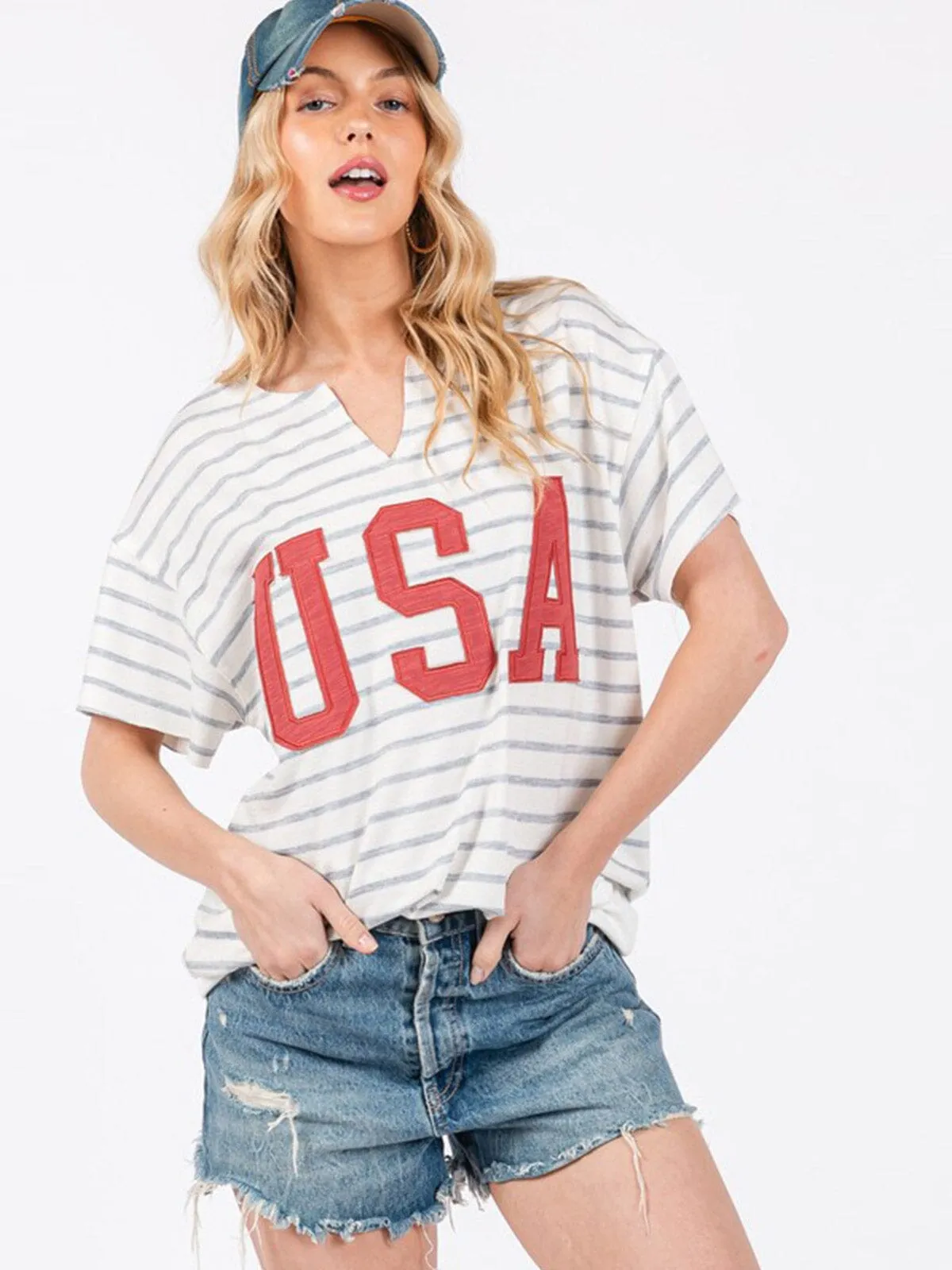 WOMEN'S SHORT SLEEVE V-NECK USA GRAPHIC BASIC STRIPES TOP
