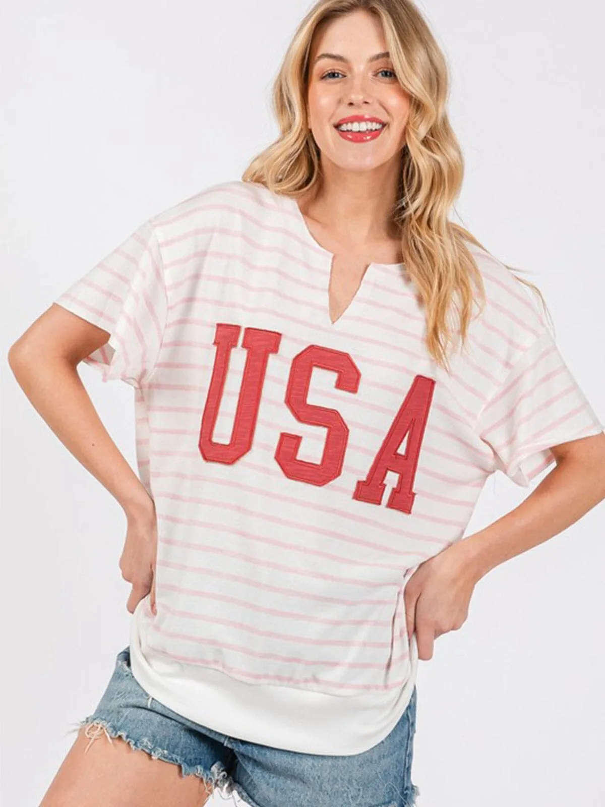 WOMEN'S SHORT SLEEVE V-NECK USA GRAPHIC BASIC STRIPES TOP