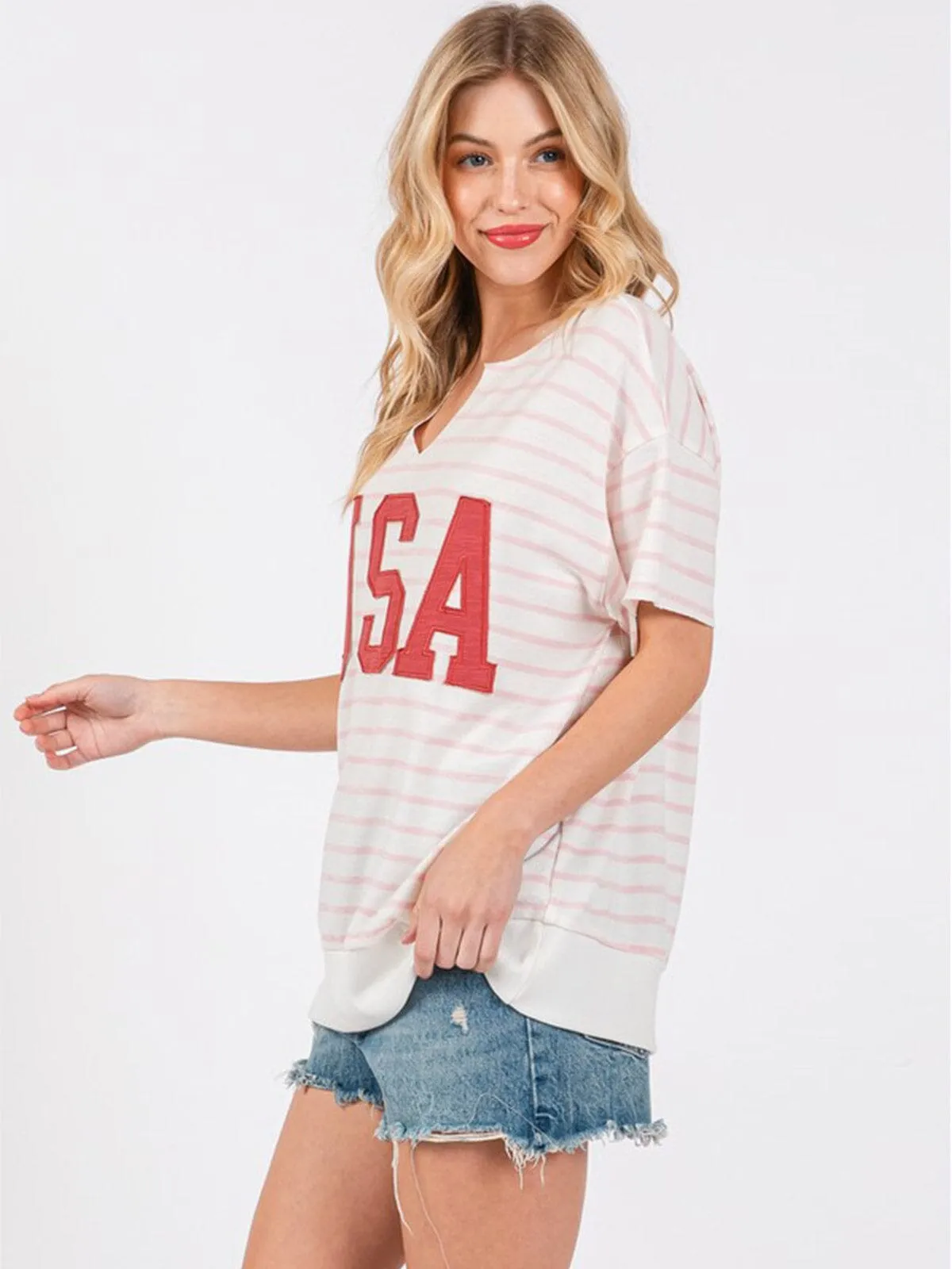 WOMEN'S SHORT SLEEVE V-NECK USA GRAPHIC BASIC STRIPES TOP