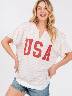 WOMEN'S SHORT SLEEVE V-NECK USA GRAPHIC BASIC STRIPES TOP