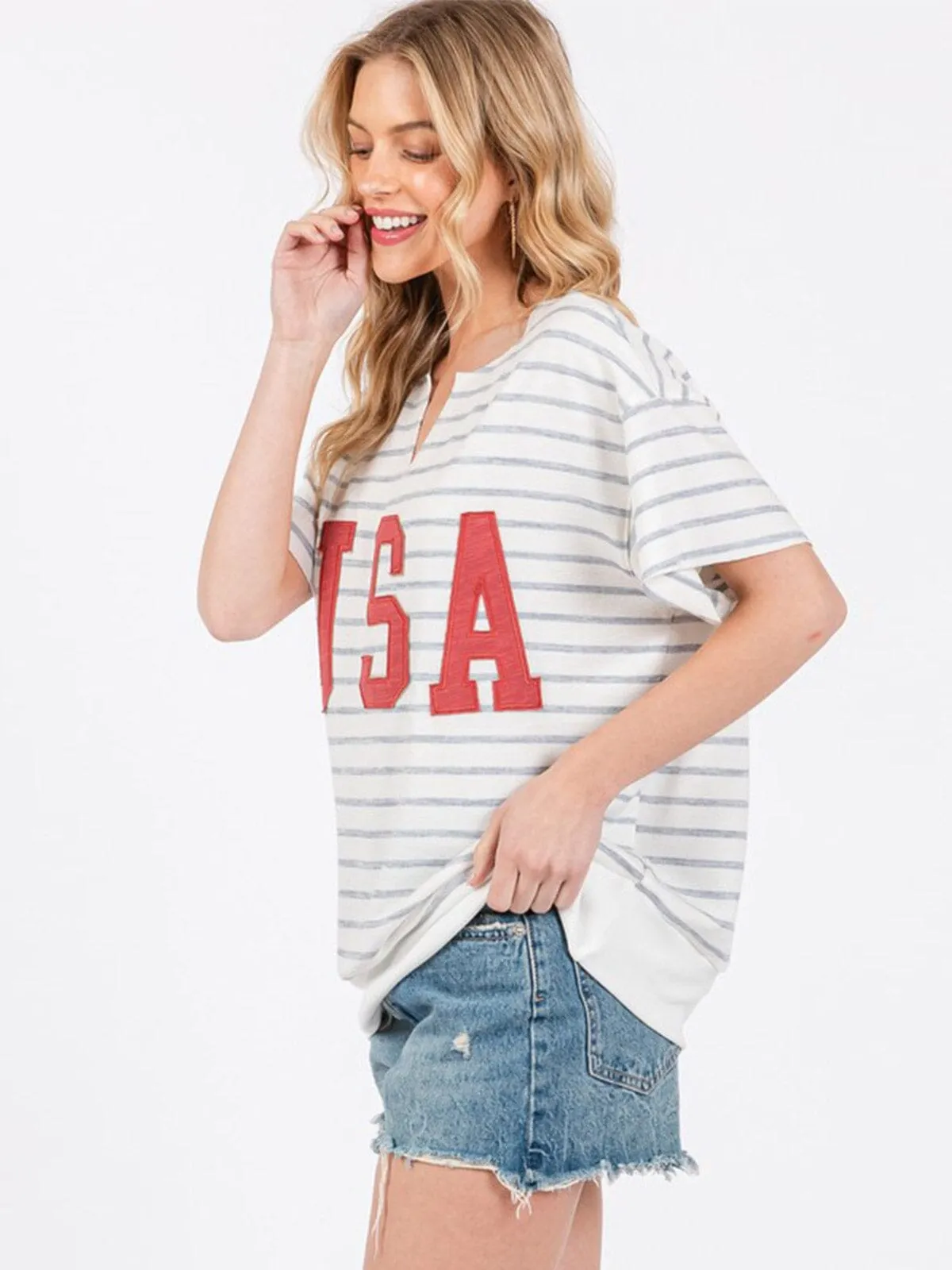 WOMEN'S SHORT SLEEVE V-NECK USA GRAPHIC BASIC STRIPES TOP