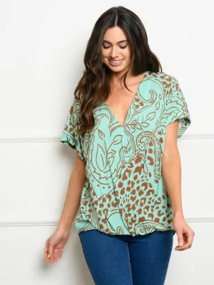 WOMEN'S SHORT SLEEVES PRINT WRAP TOP