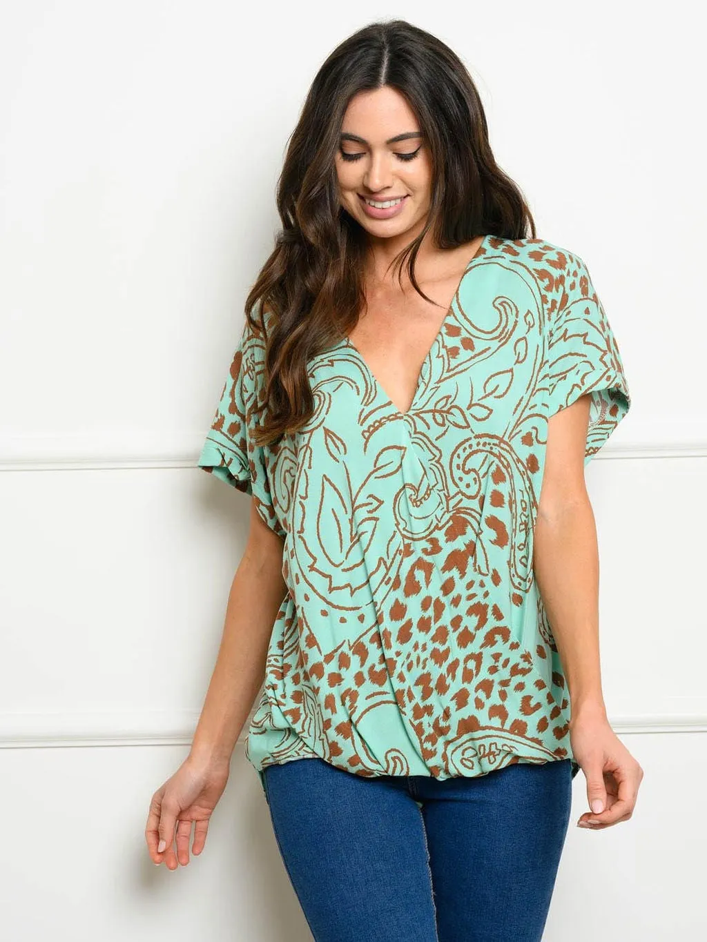WOMEN'S SHORT SLEEVES PRINT WRAP TOP