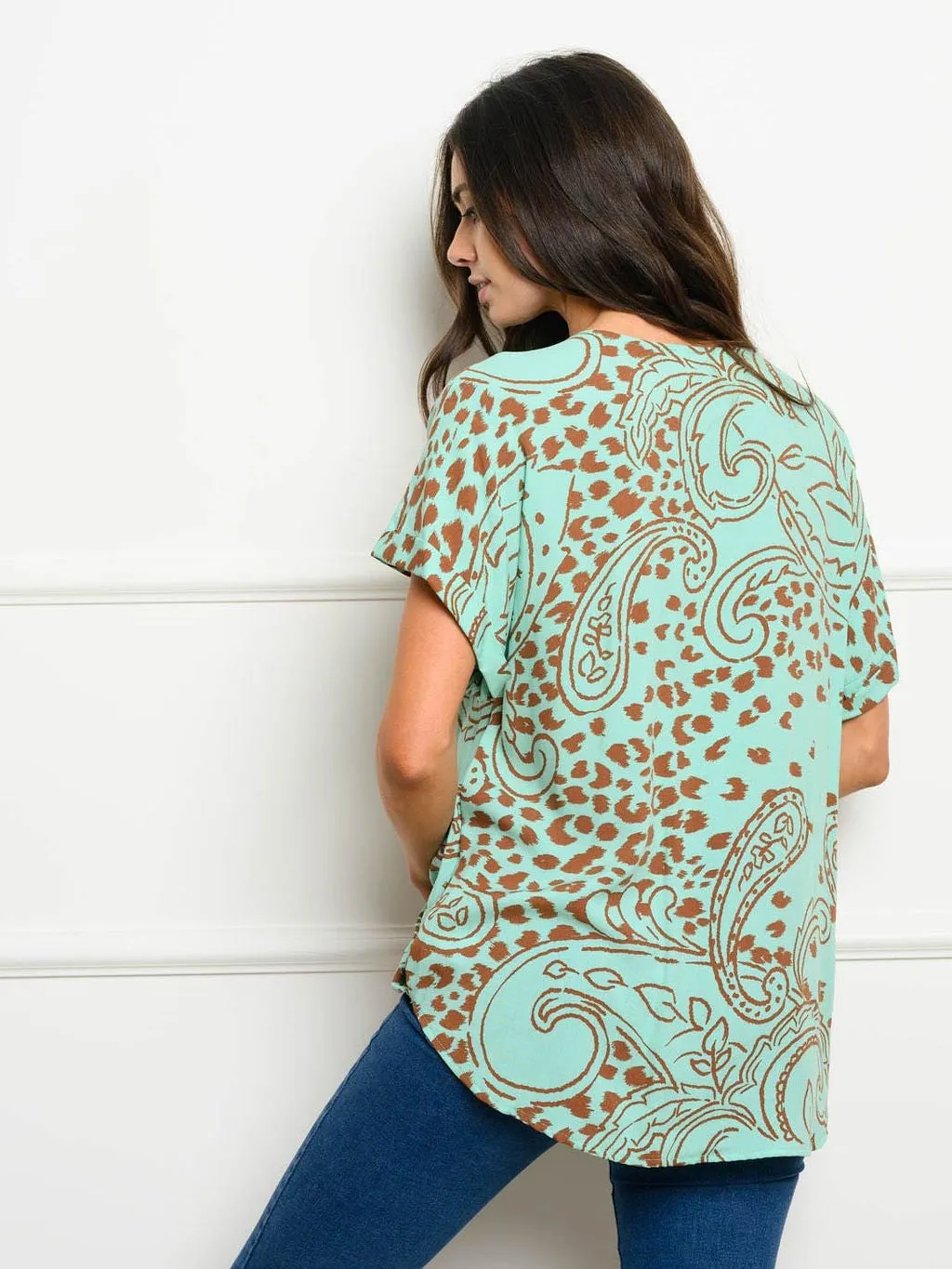 WOMEN'S SHORT SLEEVES PRINT WRAP TOP