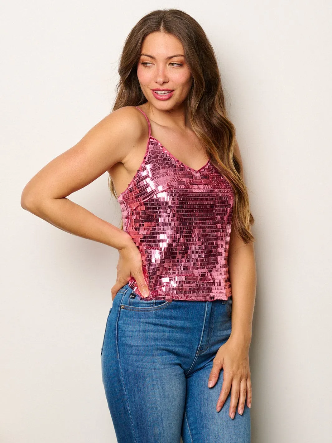 WOMEN'S SLEEVELESS V-NECK SEQUINS TANK TOP