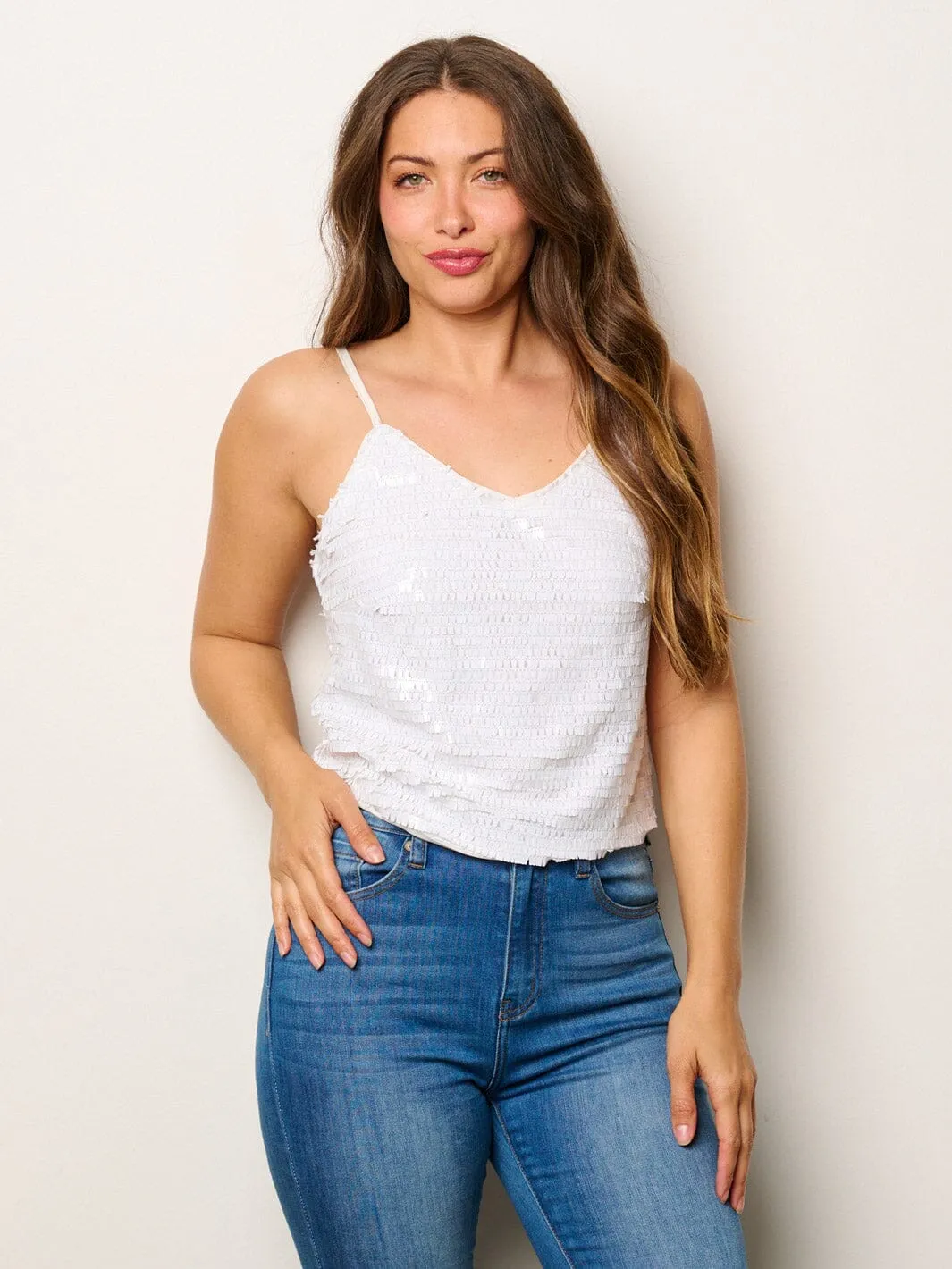 WOMEN'S SLEEVELESS V-NECK SEQUINS TANK TOP