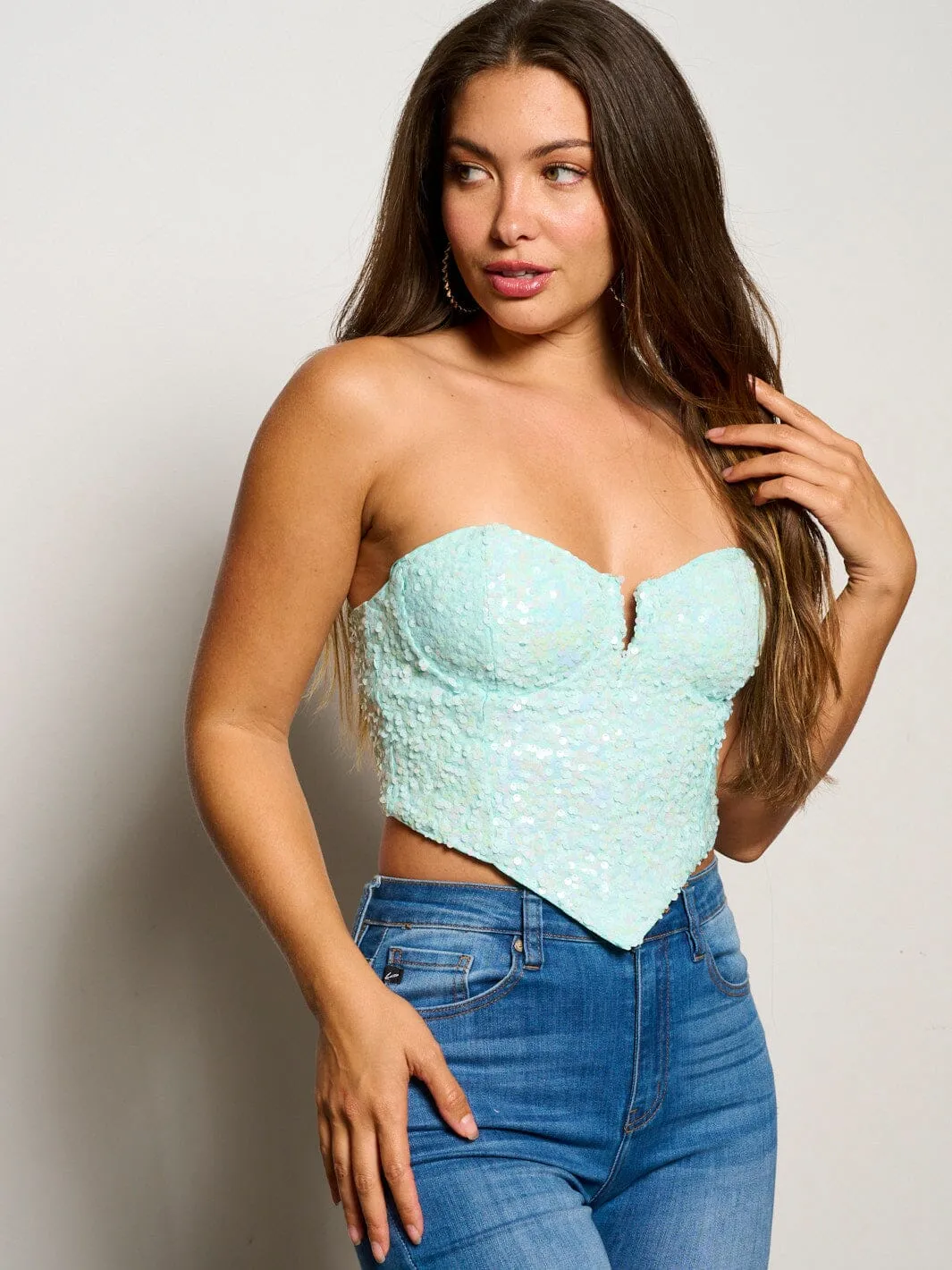 WOMENS SLEEVELESS V-NECK SEQUINS TUBE CROP TOP