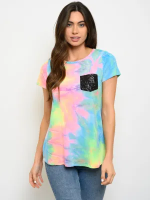 WOMEN'S TIE DYE PRINT FRONT SEQUINS POCKET TOP