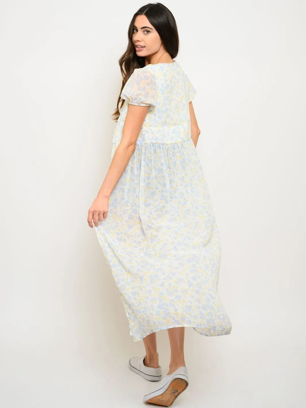 WOMEN'S V-NECK SHORT SLEEVE FLORAL WAIST BAND TOP