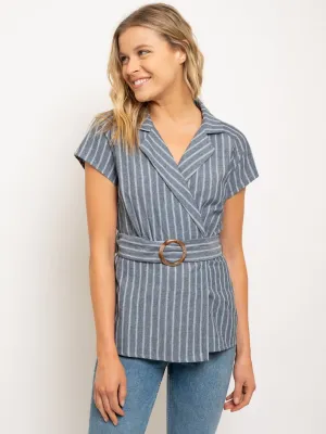 WOMEN'S V NECK WRAP FRONT BELT TOP
