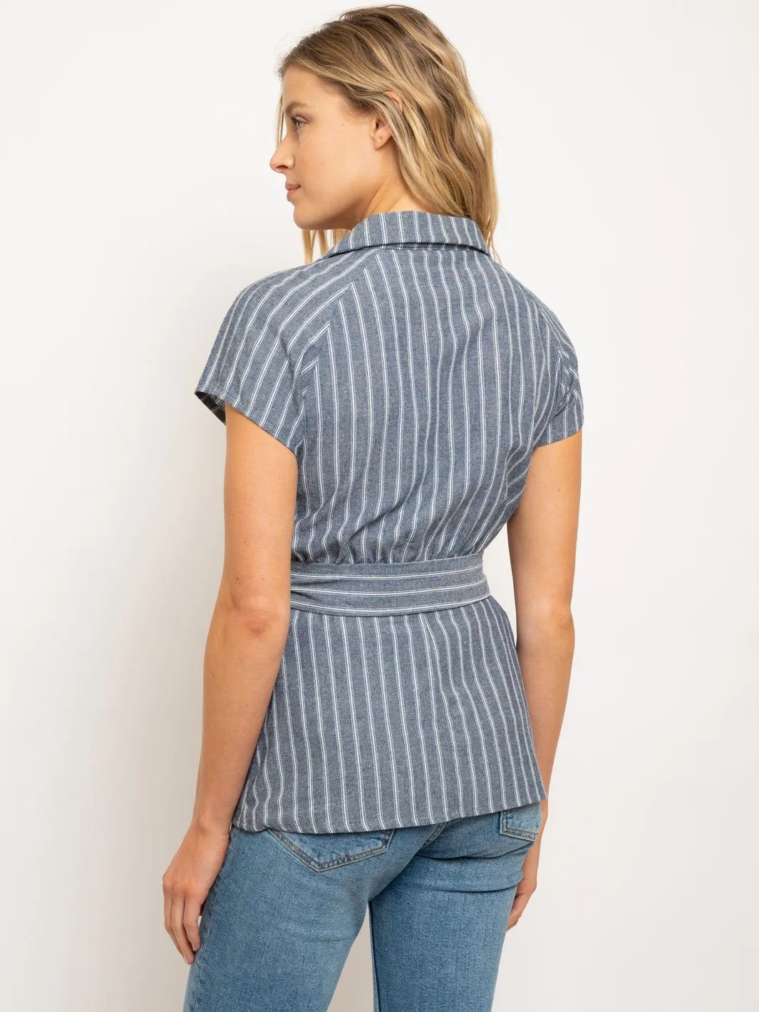 WOMEN'S V NECK WRAP FRONT BELT TOP