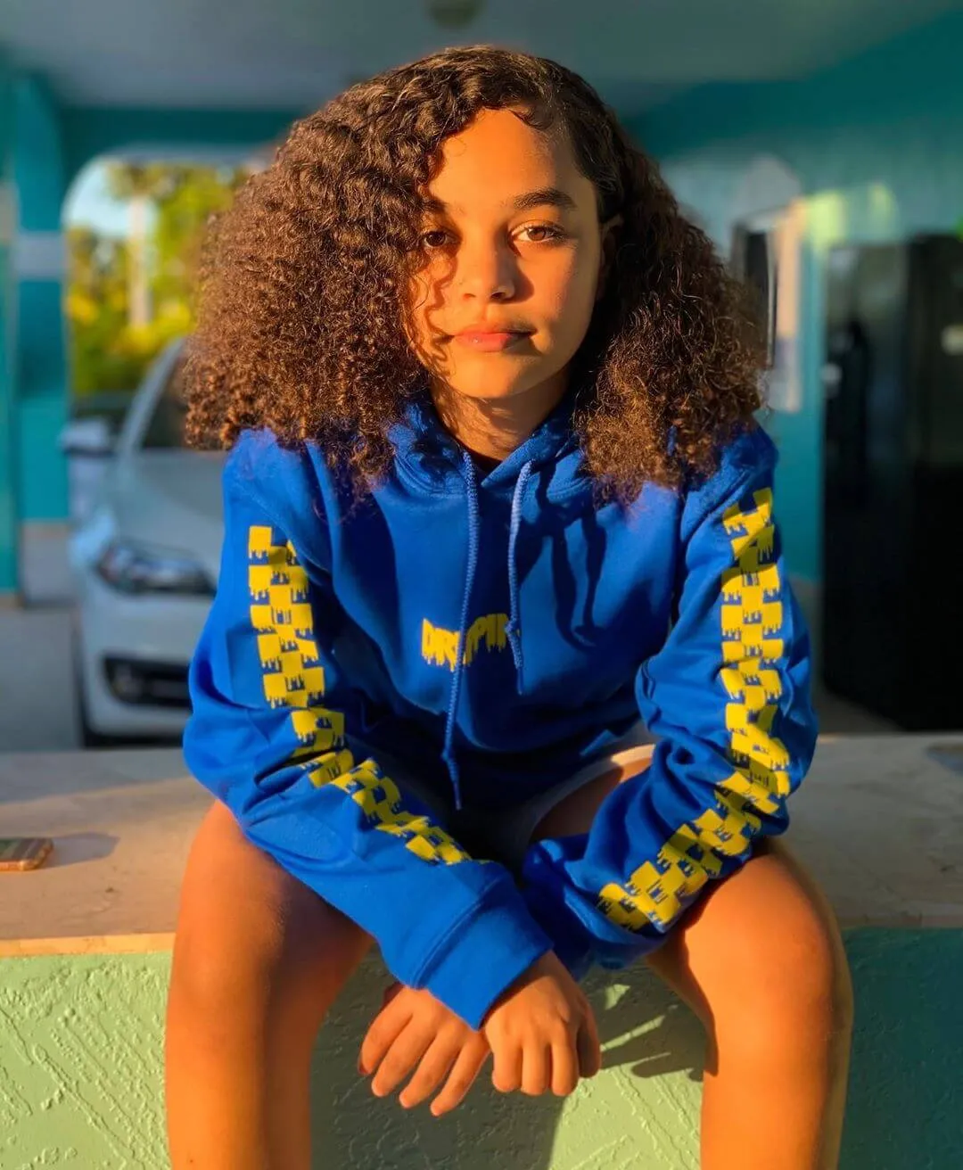 Yellow Drippin (S) | Blue Hoodie (Solid Checkered Drippin Sleeves)